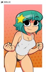 black_panties eromelaart fists green_hair nails nipple_bulge painted_nails panties ramona_flowers scott_pilgrim smiling tank_top thong