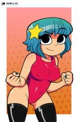 black_panties blue_hair eromelaart fists leotard nails nipple_bulge one-piece_swimsuit painted_nails panties ramona_flowers red_leotard scott_pilgrim smiling swimsuit thighhighs thong