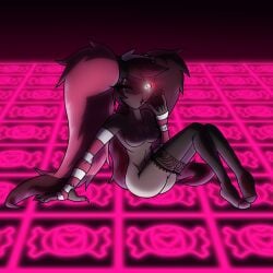 breasts demon demon_humanoid detailed_background female female_only glowing glowing_eyes hazbin_hotel nipples one_eye_closed pink_hair purple_hair sitting smile solo thick_thighs velvette_(hazbin_hotel) velvette_old_design