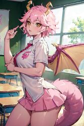 ai_generated aiposter classroom dragon_girl dragon_horns dragon_tail mina_ashido miniskirt my_hero_academia pink_hair school_uniform skirt thick_thighs yellow_eyes