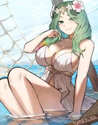 1girls alternate_costume bare_shoulders bikini blush breasts chocojax cleavage closed_mouth dress dress_swimsuit female female female_only fire_emblem fire_emblem:_three_houses fire_emblem_heroes flower green_eyes green_hair hair_flower hair_ornament highres large_breasts long_hair looking_at_viewer nintendo official_alternate_costume rhea_(fire_emblem) rhea_(summer)_(fire_emblem) smile solo swimsuit white_bikini white_swimsuit