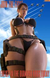 3d 3d_(artwork) big_thighs bikini bikini_bottom bikini_top blender_(software) bottom_heavy brown_hair female female_focus female_only fighter_jet licking_lips metal_gear_solid panties ponytail propaganda propaganda_poster quiet_(metal_gear) recruitment_poster smitty34 tagme thick_thighs voluptuous voluptuous_female wide_hips