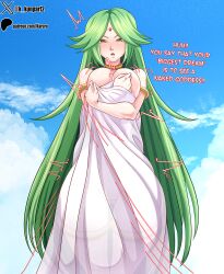 1girls big_breasts blush breasts english english_text female female_only goddess green_eyes green_hair hair hips huge_breasts karuro-kun kid_icarus kid_icarus_uprising long_hair looking_at_viewer mature mature_female mature_woman motion_lines nintendo palutena sheet solo solo_female text thick_thighs thighs wide_hips