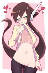 aile aroused aroused_smile bedroom_eyes biting_shirt blush brown_hair buzzlyears crotch green_eyes heart horny horny_female large_breasts long_hair looking_away naughty_face naughty_smile navel pantyhose pantyhose_down removing_underwear rockman shirt_lift taking_clothes_off