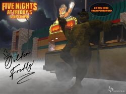 3d_(artwork) anthro ball balls car cigarette digital_media_(artwork) five_nights_at_freddy's fog genitals golden_freddy_(fnaf) hair hair_bun hi_res ingame_model male male_only muscular muscular_male night penis poster scottgames sondinker_fazbear's vehicle