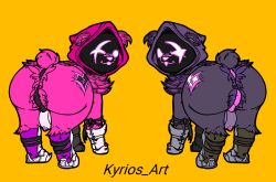 2d 2d_(artwork) 2girls canine_genitalia canine_pussy crotchboobs cute female feral flat_colors fortnite hoodie huge_breasts kyrios_art looking_at_viewer looking_back raven_team_leader raven_team_leader_(fortnite) simple_background twins wide_hips zoophilia