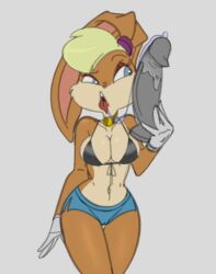 1girls anthro big_dildo bikini_top breasts cameltoe choker cleavage dildo donchibi edit female female_only furry lola_bunny looney_tunes open_mouth plain_background rabbit saliva saliva_trail short_shorts shorts skimpy_bikini solo space_jam tongue_out