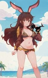 ai_generated bare_legs big_breasts bikini bikini_bottom bikini_top breasts brown_bikini brown_fur brown_hair brown_jacket cleavage cute giant giantess jacket legs leviathan long_hair monster navel rabbit_ears rabbit_girl rwby two-piece_swimsuit two_piece_swimsuit velvet_scarlatina