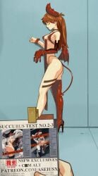 69 aseiusx ass asuka_langley_sohryu breasts closed_eyes demon_horns demon_tail demon_wings english_text female high_heels highres horns legs mass_production_eva neon_genesis_evangelion orange_hair revealing_clothes standing tail tongue tongue_out wall wings