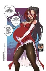 1girls aloysius belly big_belly big_breasts blush breasts cameltoe dark-skinned_female dark_skin dialogue enjoying_pregnancy female female_only kono_subarashii_sekai_ni_shukufuku_wo! masturbation pleasure_face pregnant pregtober solo sylvia_(konosuba) text vibrator