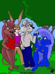 2001 anthro blue_body blue_fur blue_hair bovid breasts brown_body brown_fur brown_hair caprine cleavage clothed clothing domestic_cat eyewear felid feline felis female forest fur glasses goat grass grey_body grey_fur group hair hand_holding horn kthanid_(artist) lagomorph leporid male male/female mammal navel nipples nude outside patty_porcupine pink_nose plant porcupine rabbit randy_rabbit rodent rutwell_forest scut_tail serenakty shirt short_tail shrub tail tank_top topless topwear tree william_goat_esq.