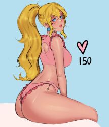 1girls 2023 ass ass_focus big_ass blonde_female blonde_hair blue_eyes breath earrings female looking_at_viewer mario_(series) meylin_tyan princess_peach thick_thighs thighs