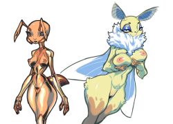 2girls 4_fingers ant_girl ant_humanoid antennae_(anatomy) anthro areola arthropod breast_fondling breast_play breasts duo female fingers fondling fur genitals glistening glistening_body hand_on_breast insect_wings insects jijis-waifus lepidopteran looking_at_viewer moth moth_girl navel neck_tuft nipples non-mammal_breasts nude pussy self_fondle simple_background standing tail tuft white_background wings yellow_body yellow_fur