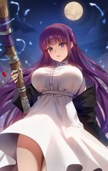 1girls breasts clothed dress female fern_(sousou_no_frieren) foxy_rain_(foxyreine) foxyrain foxyrain_(foxyreine) foxyreine huge_breasts long_hair looking_at_viewer low-angle_view purple_eyes purple_hair sousou_no_frieren thick_thighs