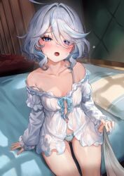 1girls ahoge bare_shoulders blue_eyes blue_hair blush breasts collarbone frilled_sleeves furina_(genshin_impact) genshin_impact grey_hair hair_between_eyes heterochromia hominamia long_hair looking_at_viewer medium_breasts multicolored_hair navel open_mouth sleepy solo straight_hair thighs white_panties yavalley