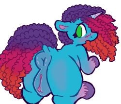 afro anus ass big_anus blue_body blue_fur blue_hair blue_tail blush catponything dock equid equine female feral green_eyes hasbro hooves horn horse mammal misty_brightdawn_(mlp) mlp_g5 my_little_pony open_mouth pony purple_hair pussy simple_background solo unicorn white_background