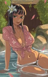 1girls bangs belly_button big_breasts black_hair blue_eyes breasts cleavage cropped_shirt detailed_background exposed_midriff female female_only flower_in_hair flower_petals hawaiian_shirt hot_spring looking_at_viewer midriff midriff_baring_shirt nico_robin one_piece onsen partially_submerged petals pose pre-timeskip seductive sitting_in_water solo taikolum thick_thighs thong tied_shirt water