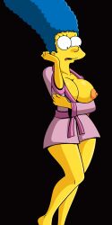 black_background blue_hair clothes croc_(artist) female folded_arms gown hair legs marge_simpson matt_groening_(style) nightgown nipple_slip nipples pink_clothes shaded surprised the_simpsons yellow_body yellow_skin