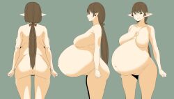 1girls anus ass back_view belly big_belly big_breasts breasts brown_hair elf female female_only front_view kyattorosu outie_navel pointy_ears pregnant pussy side_view solo torpedo_belly