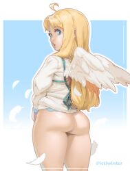 1girls angel_wings ass blonde_hair blue_eyes bottomless bubble_ass bubble_butt feathers female female_focus female_only filo ictiwinter lips looking_at_viewer looking_back materclaws the_rising_of_the_shield_hero thick_thighs wings