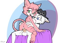 anthro anthro_on_anthro canid canine canis clothing domestic_cat domestic_dog duo fedora felid feline felis female fours_(artist) fur hat headgear headwear male male/female mammal pink_body pink_fur violet_(skadog) white_body white_fur