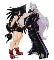 2girls angry asymmetrical_docking black_coat black_wings boots brown_hair cleavage final_fantasy final_fantasy_vii full_body genderbent genderswap_(mtf) grin hair_intakes height_difference high_heel_boots high_heels looking_at_another low-tied_long_hair miniskirt muscular_arms muscular_female muscular_legs pale_skin red_footwear rule_63 sephimom sephiroth silver_hair simple_background single_wing slb square_enix standing suspender_skirt suspenders tank_top thick_thighs tifa_lockhart very_long_hair white_background white_tank_top wings