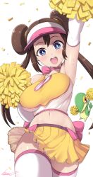 1girls arm_up armpits blue_eyes breasts brown_hair cheerleader cheerleader_uniform female game_freak huge_breasts kasai_shin light-skinned_female light_skin long_hair nintendo pokemon pokemon_(species) pokemon_bw2 rosa_(pokemon) skirt smile snivy sweat thighhighs twin_buns twintails