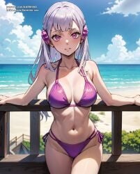 1girls ai_art ai_generated anime_style beach beach_background bikini black_clover female female_only karmino medium_ass medium_breasts noelle_silva pink_eyes ponytail purple_bikini silver_hair solo tanning white_skin