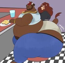 2boys anthro auburn_hair bear bhm big_ass big_belly big_butt blush blushing_male brown_hair diner eating eyes_covered facial_hair garrett_the_trucker_bear gold_chain huge_ass huge_butt huge_thighs jewelry jiggling_ass lion long_hair male male_only megacoolbear_(artist) obese sebastian_(megacoolbear) slob ssbhm superchub thick_thighs underwear visible_underwear wobbling_ass