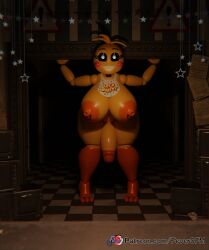 2023 3_toes 3d_(artwork) animatronic anthro areola avian beakless bib big_breasts big_penis bird blush blush_stickers breasts checkered_floor chicken digital_media_(artwork) eyebrows eyelashes feet feversfm five_nights_at_freddy's five_nights_at_freddy's_2 futa futanari galliform gallus_(genus) genitals gynomorph hi_res humanoid_genitalia humanoid_penis intersex intersex_only lovetaste_chica machine nipples orange_areola orange_body orange_nipples penis phasianid robot scottgames solo toes toy_chica_(fnaf)