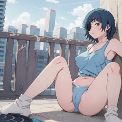 1girls ai_generated balcony bare_legs big_breasts black_eyepatch blue_eyes blue_hair blue_panties blue_top blue_topwear breasts cameltoe chainsaw_man chilling city cityscape day daytime dead eyepatch female female_focus female_only girl himeno_(chainsaw_man) legs legs_spread nipples panties short_hair socks solo solo_female solo_focus spread_legs underwear underwear_only visible_nipples