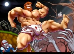 1boy 2022 bara bara_tits barazoku beard big_bulge boxers bulge capcom erection_under_clothes facial_hair flexing_bicep gay ghosts_'n_goblins hairy hairy_male huge_bulge looking_at_viewer male male_focus male_nipples male_only manly muscular_male nipples penis_outline sir_arthur solo solo_male underwear yaoi zombiehk