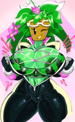 1girls areolae blaster_master bursting_breasts female goatboydraws green_body green_skin kanna_(blaster_master) plant plant_girl solo source_request stretching