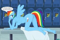 anthro ass blue_skin breasts fab3716 female french_text friendship_is_magic genitals hasbro inviting my_little_pony nude pegasus pussy rainbow_dash_(mlp) rainbow_hair solo text