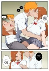 1boy 1girls ai_generated bed bleach clothing comic french_kiss grabbing_breasts ichigo_kurosaki inoue_orihime kisou kissing moaning orange_hair school_uniform skirt student text