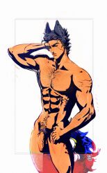 1boy animal_ears black_hair datape1 joestar_birthmark jojo's_bizarre_adventure jotaro_kujo male male_only muscular_male nude_male penis pubic_hair solo stardust_crusaders veiny_penis