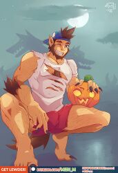 1boy 2019 bara barazoku beard bulge clothing facial_hair fangs flaccid gay hairy hairy_arms hairy_chest hairy_male halloween holidays humanoid_pointy_ears jack-o'-lantern jack_o'_lantern leg_hair looking_at_viewer male male_focus male_only manly mizu_m monster_prom muscular_male penis penis_outline pumpkin ripped_clothing scott_howl solo solo_male tail teeth teeth_visible werewolf wolf_tail yaoi