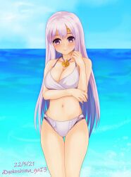 1girls alternate_costume ass_visible_through_thighs bare_shoulders bikini blush breasts circlet cleavage female female female_only fire_emblem fire_emblem:_genealogy_of_the_holy_war grey_bikini grey_swimsuit highres julia_(fire_emblem) large_breasts long_hair nintendo ocean outdoors purple_eyes purple_hair smile solo standing swimsuit thighs very_long_hair yokoshima_gai3