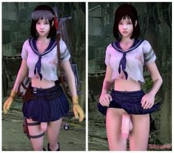 3d bottomless candy_tsai clothed clothing diving_mask dripping_cum futanari gloves gun lifting_skirt mostly_clothed pink_tip school_uniform schoolgirl shioro_(3d) solo state_of_survival torn_clothes torn_clothing virt-a-mate virtamate virtual_reality vr