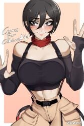 1girls attack_on_titan bare_shoulders belly belly_button big_breasts black_eyes black_hair blush blushing busty crop_top dark_eyes dark_hair hips huge_breasts large_breasts light-skinned_female light_skin makeup mikasa_ackerman orouu red_scarf scarf shingeki_no_kyojin short_hair tomboy tummy