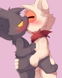 balls balls_touching barely_visible_genitalia barely_visible_penis black_body black_fur blush closed_eyes french_kissing fur genitals half-closed_eyes hi_res holding_leg kissing league_of_legends making_out male male/male male_anthro narrowed_eyes neck_tuft one_leg_up penis perineum pink_background raised_leg riot_games short short_anthro short_male simple_background smite_(artist) tan_body tan_fur teemo teemo_(lol) tongue tongue_out tuft veigar yellow_eyes yordle