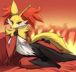 anthro areola big_breasts black_body black_fur breasts canid canine chaise_lounge delphox female fire fur generation_6_pokemon genitals hand_on_hip hi_res inner_ear_fluff innie_pussy looking_at_viewer lying mammal multicolored_body multicolored_fur navel nintendo nipples on_side pinup pokemon pokemon_(species) pose pussy red_body red_eyes red_fur solo tail tuft white_body white_fur yellow_body yellow_fur zerrymon