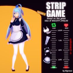 1girls 3d aqua_(konosuba) blue_eyes blue_hair female female_only igneuzz kono_subarashii_sekai_ni_shukufuku_wo! maid solo strip_game stripgame tagme wink