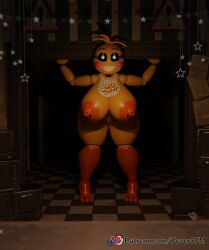 2023 3_toes 3d 3d_(artwork) animatronic anthro areola avian beakless bib big_breasts bird blush blush_stickers breasts checkered_floor chicken digital_media_(artwork) eyebrows eyelashes feet female feversfm five_nights_at_freddy's five_nights_at_freddy's_2 galliform gallus_(genus) genitals hi_res lovetaste_chica machine nipples orange_areola orange_body orange_nipples phasianid pussy robot scottgames solo toes toy_chica_(fnaf) toy_chica_(love_taste)