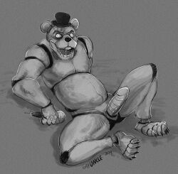 2014 animatronic anthro balls bear clothing digital_media_(artwork) five_nights_at_freddy's freddy_(fnaf) genitals hat headgear headwear looking_at_viewer machine male male_only mammal monochrome penis robot sayuncle scottgames smile smiling_at_viewer solo