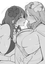 2girls after_kiss bikini blush breasts byleth_(female)_(fire_emblem) byleth_(female)_(summer)_(fire_emblem) byleth_(fire_emblem) byleth_(fire_emblem)_(female) byleth_(summer)_(fire_emblem)_(female) covered_nipples erect_nipples erect_nipples_under_clothes eye_contact female female_only femdom fire_emblem fire_emblem:_three_houses fire_emblem_heroes flower from_side greyscale hair_flower hair_ornament hibiscus highres ikarin intimate kissing large_breasts long_hair looking_at_another monochrome multiple_girls nintendo official_alternate_costume parted_lips profile rhea_(fire_emblem) rhea_(summer)_(fire_emblem) saliva saliva_string saliva_trail sideboob sketch sweat swimsuit upper_body yuri