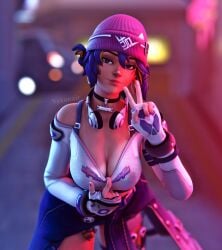 1girls 3d antifragile_kira-kira asian asian_female big_breasts black_choker blizzard_entertainment breasts choker cleavage headphones headphones_around_neck kiriko_(overwatch) kiriko_kamori le_sserafim overwatch overwatch_2 solo vexonair