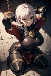 1girls adepta_sororitas ai_generated angry annoyed armor black_clothing breasts chains daidouji_(artist) female female_focus female_only gigantic_breasts imperium_of_man looking_at_viewer on_knees red_eyes restrained short_hair sister_of_battle skirt solo solo_female solo_focus warhammer_(franchise) warhammer_40k white_hair