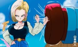 1girls accurate_art_style afterimage android_18 annoyed annoyed_expression belt blonde_hair blue_eyes bouncing_breasts breasts canonical_scene cleavage cloud day daytime denim dragon_ball dragon_ball_z earrings hand_in_pocket high-waist_pants huge_breasts jeans long_sleeves looking_to_the_side motion_blur motion_lines outdoors pants punch punching shirt short_hair sky solo unaligned_breasts v-shaped_eyebrows voluptuous voluptuous_female yamamoto_doujin