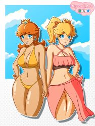 2girls big_breasts blonde_hair blue_eyes breasts brown_hair cleavage female female_only holding_hands jpeg looking_at_viewer mario_(series) navel nintendo nyazui princess_daisy princess_peach smile standing swimsuit tagme thick_thighs wide_hips yuri